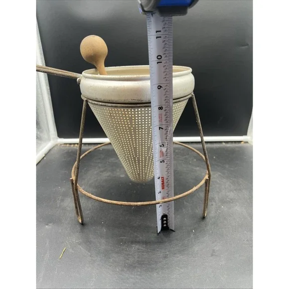 Vintage Aluminum Sieve Strainer 1970s w/ Stand and Wood Masher - Wood Canning - Picture 10 of 10